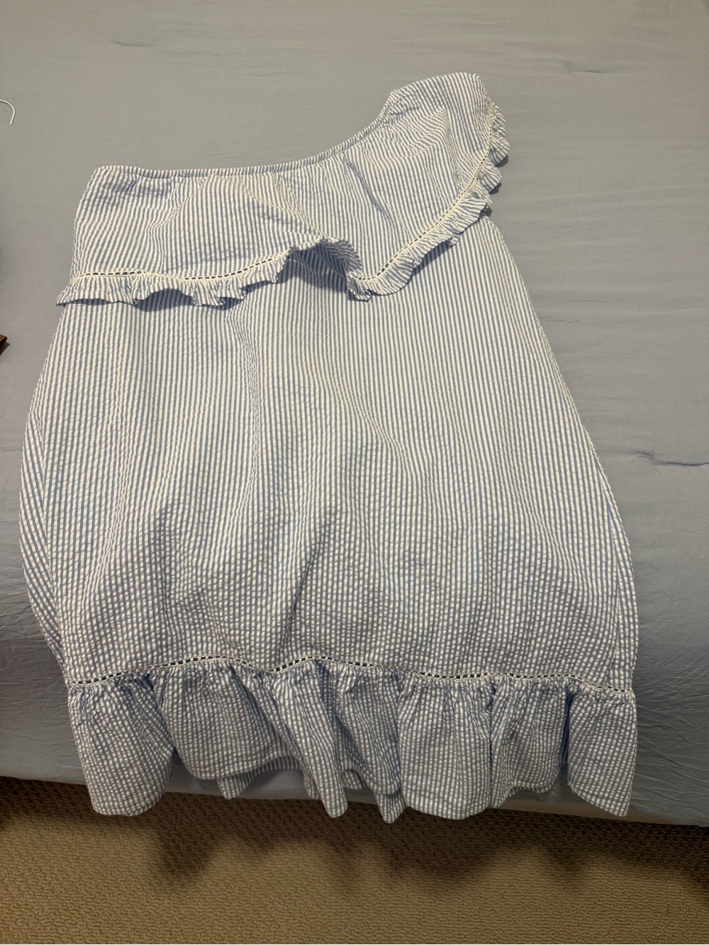 Women's One-Shoulder Seersucker Ruffle Skirt - Light Blue/White